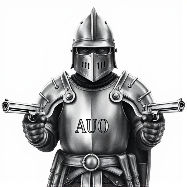 A detailed greyscale depiction of the iconic Australian outlaw Ned Kelly in his traditional armor and Ned Kelly helmet, complete with his signature helmet. He stands defiantly with a pistol clutched in each hand. The chest piece is intricately engraved with the initials "AUO".
