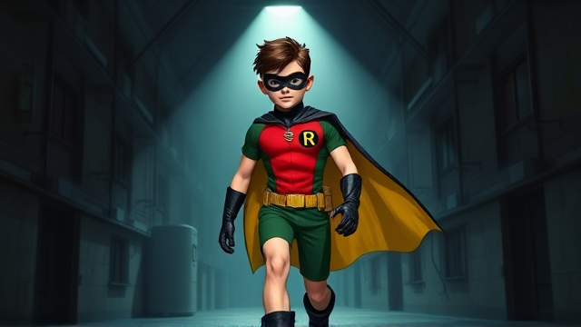 Movie Scene: A medium, preteen 12-year old boy with light skin and dark brown hair named Connor Bardley, but dressed as Robin, The Boy Wonder, with an extremely muscular body, a sleek green suit with a red torso with a black circle with a yellow R symbol on his left pectoral, a gold utility belt, black boots, black long-cuffed gloves, a big, heel-length, ultra-wide cape that's black on the outside and yellow on the inside, and a black eye mask. He has a special code: HE DOES NOT KILL. Young 12-year old Connor Bardley, now Robin, The Boy Wonder, is seen walking through a dark laboratory at night, looking for clues to the mystery he is trying to solve.