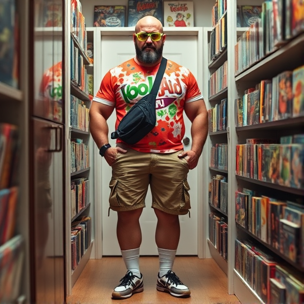 A bald 300 lb muscular man  wearing cargo shorts, a kool-aid man shirt, white socks, sketchers shoes, neon green cycling glasses, cross body bag, standing  in the closet of a comic book shop
