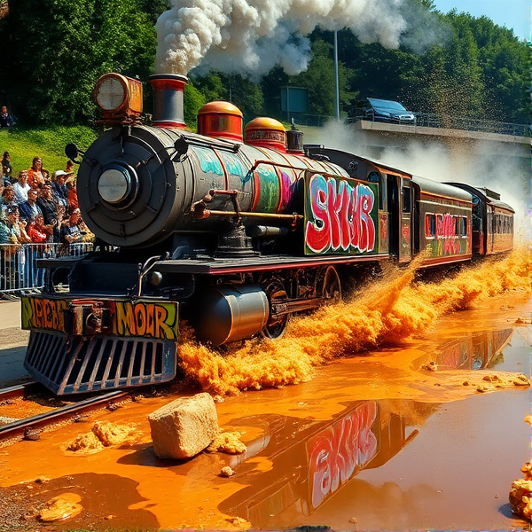 An incredibly customized, over-the-top muscle train with vibrant graffiti art, chrome detailing, and roaring exhaust pipes aggressively speeding along the tracks. The train's massive wheels spin furiously as it plows through a deep, luscious puddle of thick, brown gravy. The force sends torrents of gravy splashing chaotically in all directions, creating a dynamic and messy spectacle. The scene is set against a backdrop of astonished onlookers and with chunks of gravy mid-air, reflecting the sunlight.