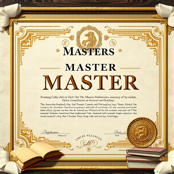 Prompt: Diplôme de Master élégant avec des bordures dorées sophistiquées, un sceau officiel en relief, une typographie classique et claire sur un fond en parchemin texturé, le tout présenté dans un cadre académique avec des livres et des symboles éducatifs