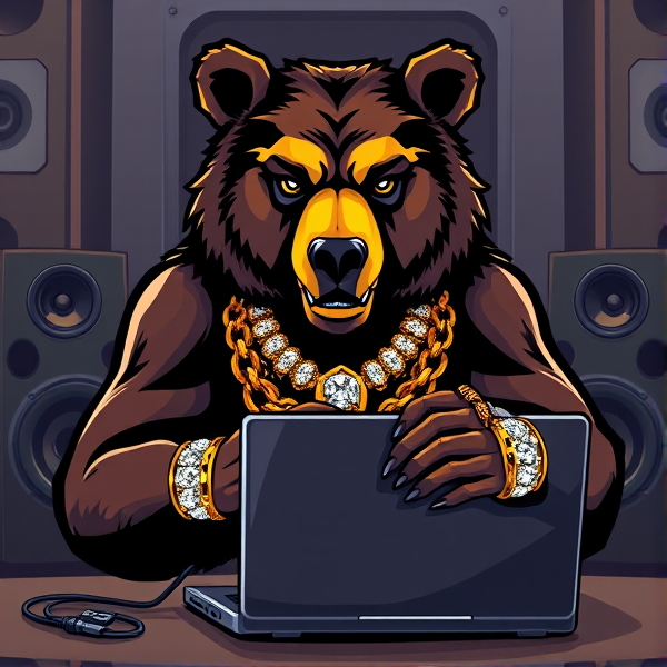 Création d'un logo dynamique et audacieux avec un ours stylisé assis en posture de confiance devant un ordinateur portable de dernière génération, concentré sur la composition musicale. L'ours arbore une chaîne en or massif sertie de diamants lumineux et une sélection de bijoux tape-à-l'œil, incluant des bagues ornées de pierres précieuses, des bracelets épais et un pendentif luxueux. Son visage exprime l'autorité et la détermination avec des traits précis évoquant sa personnalité imposante et son statut privilégié. Les couleurs seront vibrantes et contrastées pour accentuer chaque élément du design avec clarté et finesse. En arrière-plan, un système audio imposant complète la scène, soulignant le thème musical