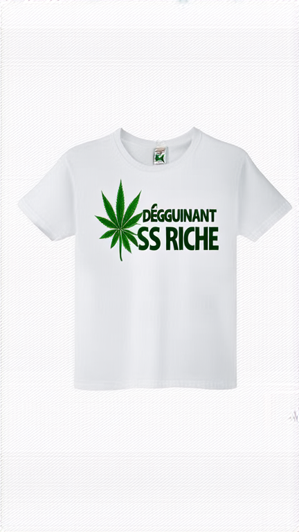 Un t-shirt blanc avec marquer dessus en Dégoulinant Ndoss Riche et avec des feuilles de cannabis et en miniature les initiales Getbackgang