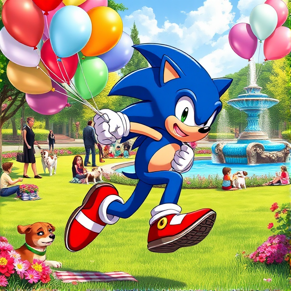 Sonic the Hedgehog captured mid-stride in a dynamic running pose, with his iconic blue quills trailing behind him. He's gripping a vivid collection of assorted balloons—450 in total, each measuring 16 inches. The balloons are in various shades and have a shimmering sheen to them, reflecting the sunlight. Sonic is sporting his red shoes with white stripes and gold buckle, which blur slightly from his incredible speed. The bustling park around him is alive with activity; there are children playing on swings, couples walking dogs of various breeds, street performers juggling and people picnicking on checkered blankets. Lush green trees dot the landscape, their leaves rustling gently in the breeze, and vibrant flower beds add pops of color throughout the scene. In the background stands an elaborate fountain cascading water into a clear blue basin. All elements are illustrated in a richly saturated anime art style that emphasizes bold lines and dramatic lighting to enhance the dynamic nature of Sonic's movement