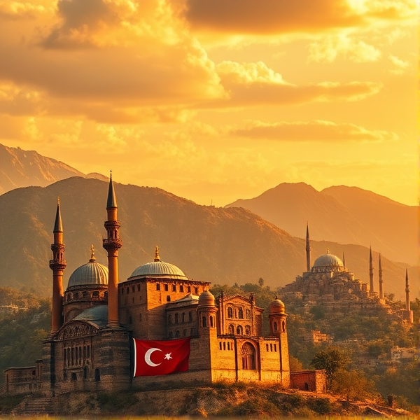 Crée une image représentant l'héritage historique et culturel de l'Anatolie turque, en intégrant des éléments symboliques de chaque peuple qui a marqué la région (Les Hittites, les Grecs, les Romains, les Byzantins, les Seldjoukides (Turcomans), les Ottomans et enfin la Turquie d'Atatürk. Le tout doit être harmonisé dans un paysage anatolien, avec des montagnes et une lumière dorée rappelant l'histoire ancienne et la continuité de la culture à travers les âges.