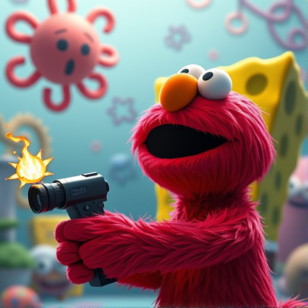 Elmo shooting SpongeBob