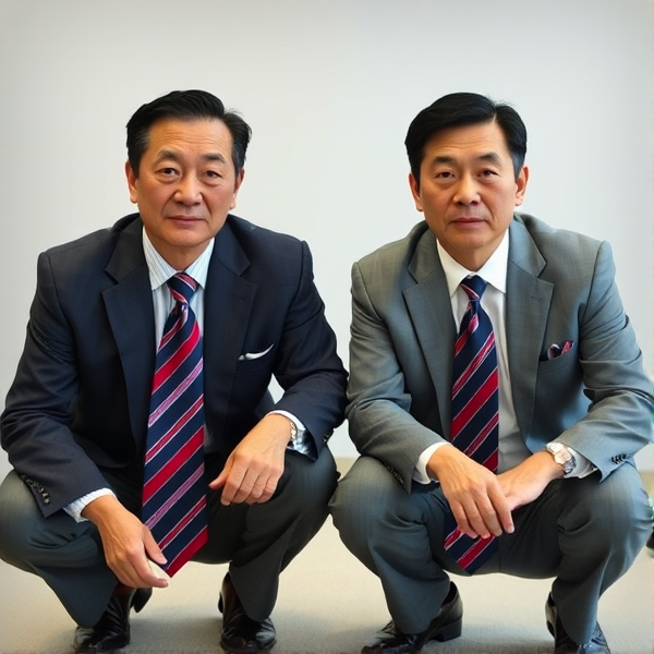 Deux hommes d'affaires japonais entiers senior sont accroupis. Ils portent des longues cravates soyeuses aux motifs de rayures bleues et rouges. Ils regardent droit dans l'objectif avec assurance,