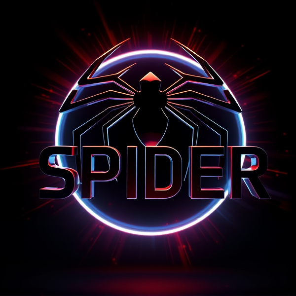 Create a 3D logo named "SPIDER" featuring ultra-modern aesthetics and sleek design. The logo should have bold, sans-serif lettering that appears to dynamically emerge from a pitch-black backdrop. Enhance the design with vivid light beams similar to the luminosity of the Capcut app icon, creating deep shadows and prominent highlights on the logo's surface. Combine advanced curves, sharp angles, and smooth lines to suggest speed and sophistication. Coat the logo in a metallic texture with a mirror-like finish for intense light reflection, giving it a sense of rapid movement. Incorporate Pixar's signature detailed imagery and distinct geometric forms, enriched with a vibrant color palette and glossy surfaces for added dimensionality. Employ rendering techniques akin to Unreal Engine's realism and Octane Renderer's ray tracing for captivating reflections, while also using V-Ray lighting effects to set the atmosphere. Aim for an exaggeratedly grandiose and sci-fi influenced visual spectacle that maximizes impact through its boldness, eschewing any trace of subtlety or minimalism.