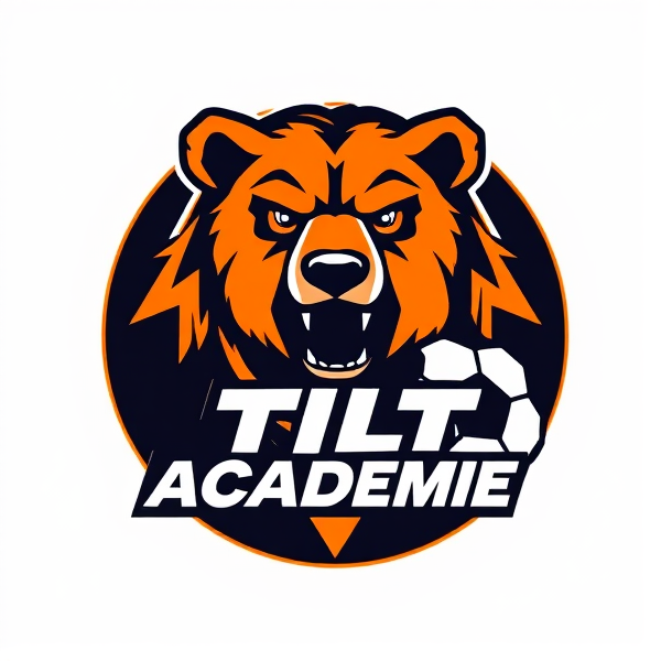 Conception d'un logo rond et percutant pour 'Tilt Académie', école de football. Au coeur du design, un ourson grizzly dessiné avec une précision extrême et un sens artistique raffiné, incarnant la puissance et la ténacité. Il est entouré par des éléments graphiques abstraits qui évoquent dynamisme et passion pour le football : des lignes fluides et rapides ainsi que des formes géométriques vibrantes et énergiques. La palette de couleurs est dominée par un orange vif et un noir intense, offrant un contraste frappant. Le design doit se démarquer en capturant l'essence du jeu compétitif avec l'ourson prêt à se lancer dans l'action. Le nom 'Tilt Académie' s'intègre harmonieusement autour de l'élément central dans une police moderne et saisissante. Un ballon de football est intelligemment incorporé au logo afin d'en souligner l'appartenance au monde du football. L'esthétique générale doit allier tradition sportive à une touche innovante, rendant le logo idéal comme emblème d'un club sportif