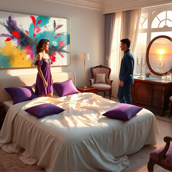 Une chambre majestueuse et aérée, inondée d'une lumière matinale tendre et caressante, avec au centre un imposant lit queen-size drapé de soie couleur ivoire aux reflets chatoyants, les draps délicatement froissés suggérant le repos nocturne récent. Des coussins en velours aux teintes profondes de pourpre et d'émeraude jonchent le lit dans un désordre artistique. Le mur est orné d'une grande toile abstraite où dominent des éclats de bleu cobalt, rouge rubis et jaune safran, apportant dynamisme et modernité à l'espace. Une femme vêtue d'une robe de nuit élégante en mousseline brodée se tient droite sur un côté du lit; tandis qu'un homme portant un pyjama en satin bleu nuit adopte une posture similaire de l'autre côté, la distance physique entre eux témoignant d'un échange verbal intense. Leurs traits trahissent une palette d'émotions vives: yeux perçants animés par la passion du moment et sourcils contractés par la concentration. Les mains en plein geste théâtral accentuent leurs arguments lors de cette discussion animée mais silencieuse.

L'ambiance douce est renforcée par la lumière naturelle qui s'infiltre à travers une grande fenêtre ouverte située sur le côté droit de la chambre, offrant une vue sur l'aube qui peint le ciel avec des nuances rose-orangées romantiques. Des rideaux diaphanes flottent au gré d'une légère brise matinale ajoutant une note poétique à la scène. Les meubles exquis comprennent une coiffeuse ancienne en acajou surmontée de miroirs biseautés reflétant les premiers rayons solaires, agrémentée de flacons de parfums cristallins et entourée par une chaise capitonnée richement décorée. Cette image capture ainsi tout le pathos d'un moment intime plein de tensions dans le style manga inspiré par Batman