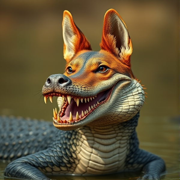 dingo head with crocodile teeth and a crocodile body