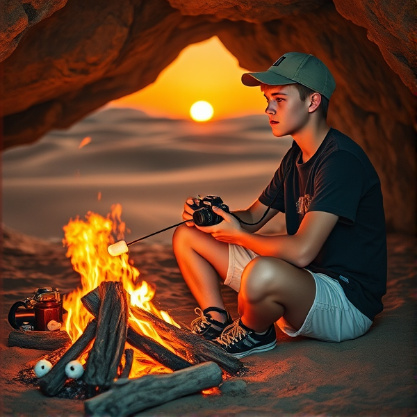 Jeune photographe blond de 22 ans, avec une casquette à l'endroit et un appareil photo, dans une grotte, assis au coin du feu à la tombée de la nuit, le soleil se couchant en arrière plan et créant une ambiance orange et rougeâtre. Le photographe regarde le feu et est entrain de se faire cuire des chamallows dans le feu. Il est dans une grotte dans le désert du Sahara, donc met moi le désert du Sahara en arrière-plan, avec ses dunes. Il a un short blanc et un t-shirt noir un tout petit peu délavé. Il a des baskets noires. Il est de condition physique normal, à tendance mince.