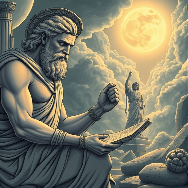 Zeus making a plan, god in the background