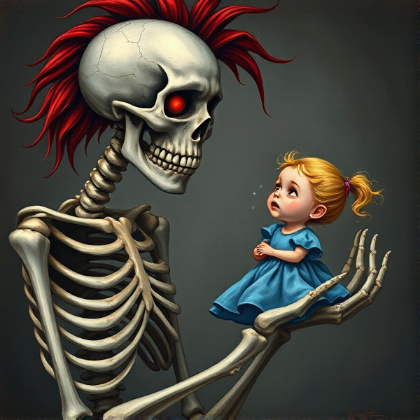 Un squelette gênant avec les cheveux rouges d'un côté et noir de l'autre qui tient dans la paume de sa main une fille petite avec une robe bleu 
Le squelette regard la petite fille en pleurant le squelette a les yeux rouges brillant