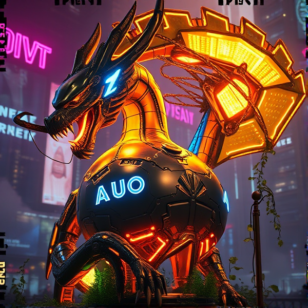 cybernetic dragon, its sleek, reflective metallic scales mirroring the vibrant neon lights of the cityscape. The acronym "AUO" stands prominently on its chest, casting an intense, fiery glow that pulses with raw energy and illuminates the complex network of circuitry etched into its hide. Digital smoke curls from the creature's nostrils as it emits a thunderous roar, unveiling fangs charged with electrical energy. a subtle nod to the blue and yellow of the Ukrainian flag adorns its form as a mark of respect and solidarity