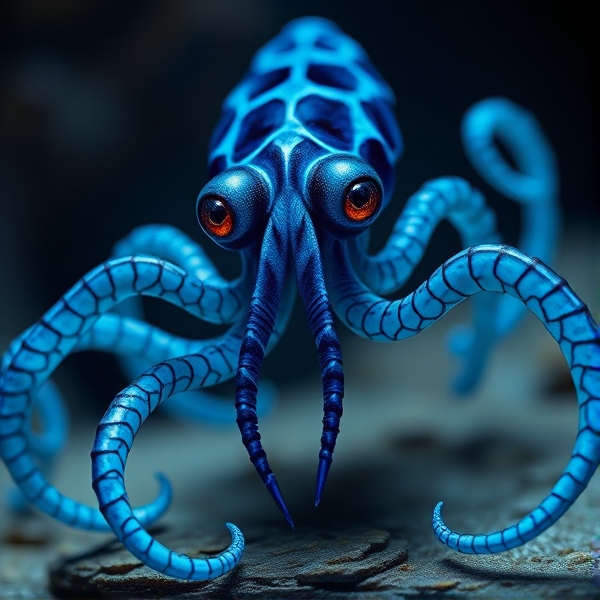 Make a hybrid animal with a blue glaucus arms and pattern with a vampire squids body and eyes