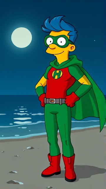 Milhouse Van Houten from The Simpsons, with his yellow skin, really big round nose, and blue hair that's slicked back and curled up at the top, but as an 18-year old teenager, dressed as a parody of Robin, The Boy Wonder, with an extremely muscular torso and arms, a green bodysuit with a red torso adorned with a green H symbol on his chest, a grey utility belt, red boots, red long-cuffed gloves, a big, heel-length long, ultra-wide green cape around his neck held up by a silver triangle pin, and a green eye mask with optical lenses in it, now known as Houseboy, The Nerd Wonder, the other half of Springfield's Dynamic Duo, and one of the greatest vigilante superheroes ever known in Springfield. He is currently standing on the beach at night, taking a break from his heroic duties to reflect on his growth and transformation into the vigilante he has become.