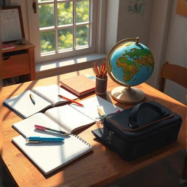 table en bois éclairée par la lumière naturelle de la fenêtre, couverte de fournitures scolaires comme des cahiers ouverts, des stylos, des crayons, une trousse et un globe terrestre  .