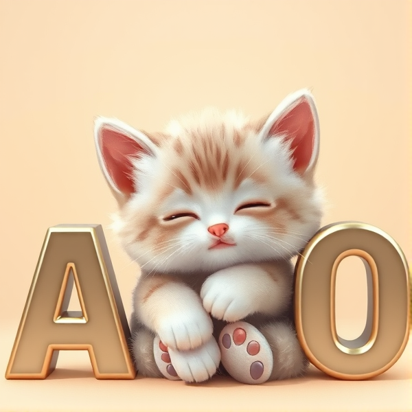 An adorable, fluffy kitten nestled comfortably Infront of, shiny 3D block letters forming the acronym "AUO" with its eyes gently closed and a contented expression