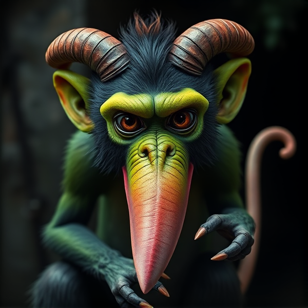 Green monkey with long fanged pink snout, tail with hand on the end of it, horns, and red eyes