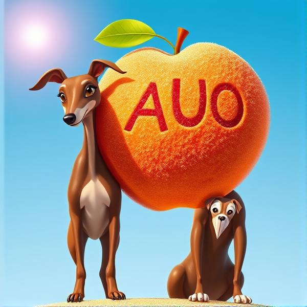 A luscious, oversized peach covered in  peach fuzz with the letters "AUO" branded vividly on its sun-kissed, velvety skin. Beside it stands an elegant brown Italian greyhound with a glossy coat and refined posture, ears perked attentively. Both are set against a vibrant clear blue sky backdrop, accentuated by the gentle radiance of the afternoon sun
