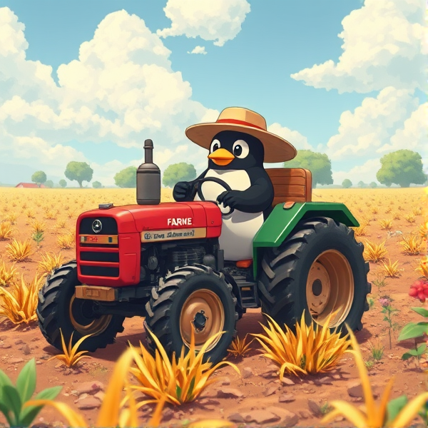 Pingouin Fermier dans un tracteur dans un champ a cultiver