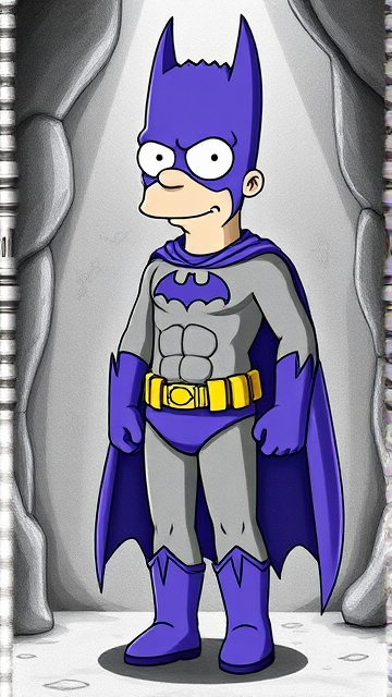 Bart Simpson from The Simpsons, but as a tall teenager who's 18 Years Old, with an extremely muscular body, dressed as a parody of Batman, known as Bartman, with his bodysuit being grey, his utility belt being gold, and his boots, gloves, briefs, cape, and cowled mask all being purple. He is one half of Springfield's Dynamic Duo, and is one of the greatest vigilante superheroes ever known. He is currently standing in his secret high-tech underground lair hidden beneath Simpson Manor, the Bart Cave, ready for action.