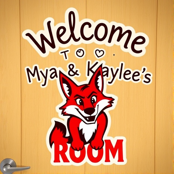 A stylish and personalized door sign that reads 'Welcome to Mya & Kaylee's Room' in playful, bold lettering with a vibrant illustration of the University of South Dakota's Coyotes mascot prominently featured. The design incorporates the school colors of red and white and has a fun, welcoming vibe suitable for a dorm room entrance.