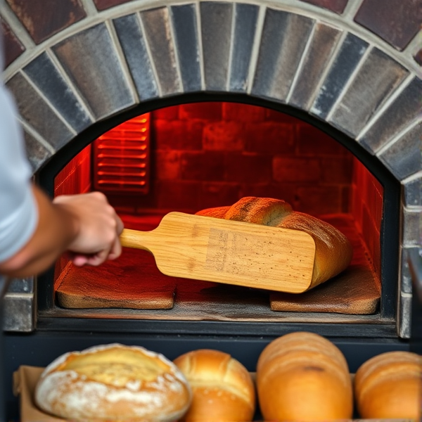crée moi une image d'une personne sortant avec une planche de boulanger du pain bien cuit d'un four a bois, avec un etal de beaux pains bien cuit devant.