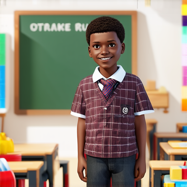 deux garçons noirs de 14 ans, vêtue d'uniforme scolaire , debout souriante et concentrée devant un tableau noir rempli de regles d'orthographe en français  dans une salle de classe ensoleillée et colorée avec des bureaux en bois et des affiches éducatives sur les murs