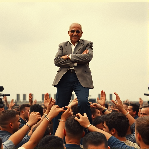 Cool old blues soul singer standing on top of a pile of people in handcuffs. Arms crossed looking very pleased
