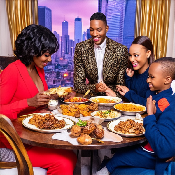 Repas de famille afro-américaine chaleureux et convivial, avec un grand assortiment de plats traditionnels soul food sur une grande table en bois, entourée de membres de la famille riant et partageant des moments ensemble dans une salle à manger bien éclairée et décorée pour l'occasion