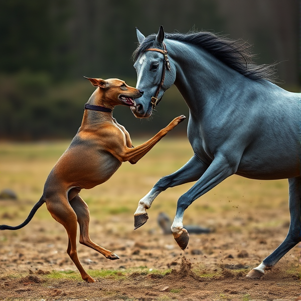 A grey and orange Greyhound being victorious over a blue and grey horse