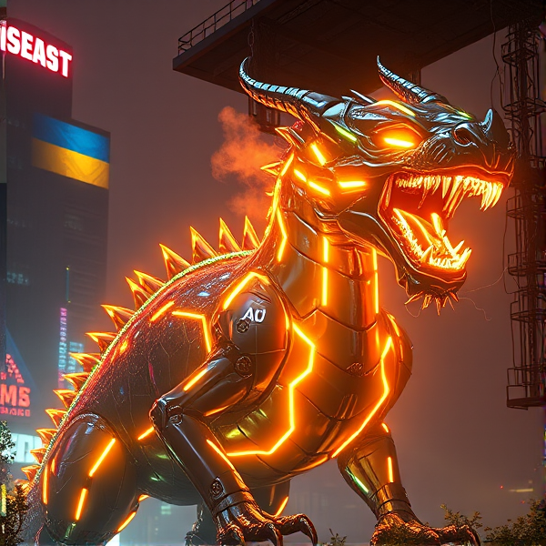 cybernetic dragon, its sleek, reflective metallic scales mirroring the vibrant neon lights of the cityscape. The acronym "AUO" stands prominently on its chest, casting an intense, fiery glow that pulses with raw energy and illuminates the complex network of circuitry etched into its hide. Digital smoke curls from the creature's nostrils as it emits a thunderous roar, unveiling fangs charged with electrical energy. Include the Ukrainian flag as a mark of respect and solidarity