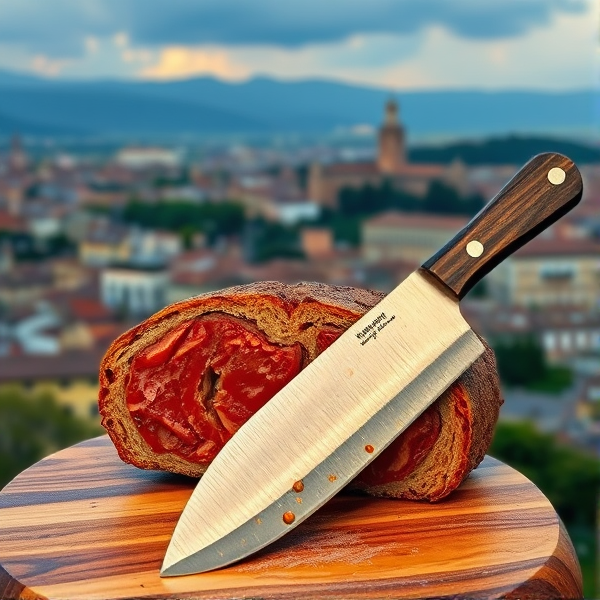 Bologna thick  cut with machete and city scape on background