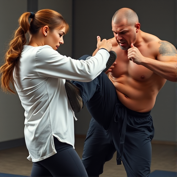 Dynamic self-defense scene: An athletic woman in a defensive stance, expertly delivering a precise and powerful kick to the groin of a towering, muscular male assailant. The man's face is contorted in shock and agony, capturing the moment of impact where he's bent over, hands clutching his lower body as he experiences the intense pain of the surprise counterattack.