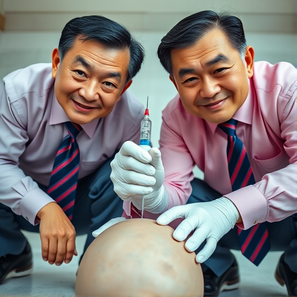 Deux hommes d'affaires chinois  âgés, , sont accroupis en avec des cravates élégantes à rayures bleues et rouges. Ils fixent la caméra avec confiance, une expression sérieuse sur leur visage, tout en tenant fermement une seringue plantee dans une tête non visible dans le cadre. La photographie est prise en contre-plongée pour mettre en évidence leur posture imposante. Leurs chemises sont d'une teinte rose  et ils affichent un sourire contraint qui trahit une certaine froideur.