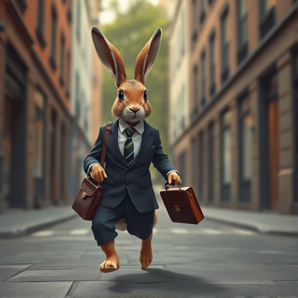 A Rabbit wearing a suit and tie walking down a street on its hind legs carrying a briefcase