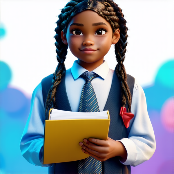 ecoliere agée de 6ans noire avec des tresses tenant un cahier dans ses mains