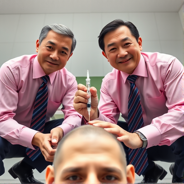 2 Hommes d affaire senior japonais accroupis avec longue cravate rayée bleuté et rouge    , il regarde la caméra et domine en piquant avec une seringue sa tête hors champ de vision 
Vue contre plongée
Chemises rose foncée 
Sourire léger