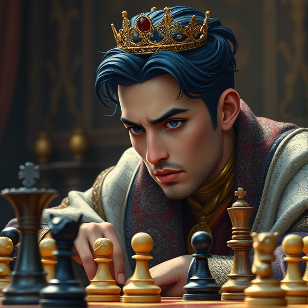Un roi avec des cheveux blue navy style manhwa et yeux noir position joue aux échec