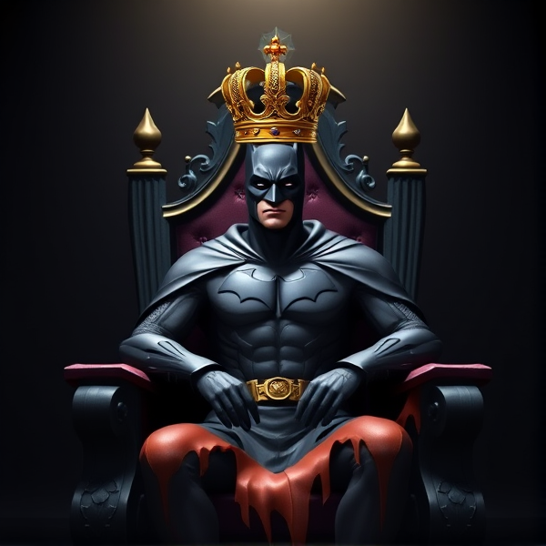 Fortnite Batman wearing Victory Royale Crown. He sits on the Kings throne casually. 
The background is black room but he is illuminated in a heavenly light