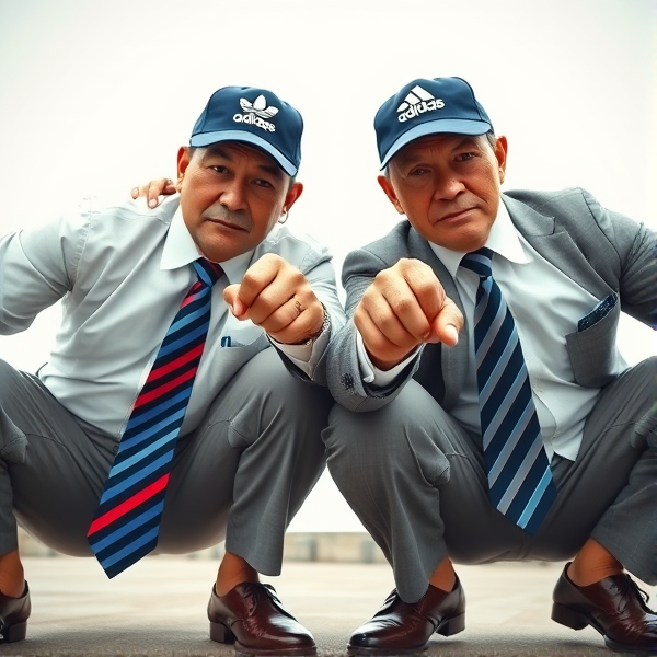 Deux  différents hommes d'affaires japonais puissants mature  accroupis et faché  portant des casquettes Adidas  et des cravates rayées longues  bleue rouge et oreillettes Apple 
Ils sont complices et conquérants , ils dominent 
 , accroupis pas trop et regard fort

Ils sont hypnotisant du regard , amis, complice , envoûtant , charismatique 
Ils se tiennent par les épaules , il fixent l objectif de la caméra,  faché pointing 

Vue contreplongée
Vue contreplongée 
Vue contre plongée