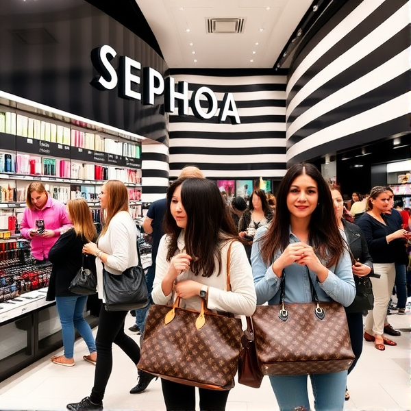 Gigantic Sephora store with celebrities buying makeup and skincare. The celebrities will be holding Louis Vuitton and Chanel  bags.
