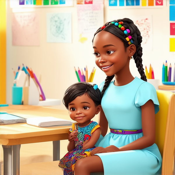 Jeune fille africaine de 8 ans portant une robe bleue ciel ornée de motifs traditionnels, ses cheveux tressés en nattes complexes avec des perles multicolores intégrées, souriant joyeusement, assise sur une chaise conçue pour enfant devant un bureau d'école en bois de teinte claire. La salle de classe est baignée de lumière naturelle et détaille des murs décorés avec des fournitures scolaires diverses et des dessins colorés créés par des enfants. Une enseignante bienveillante est discrètement présente à l'arrière-plan, supervisant la classe sans être l'élément central de l'image