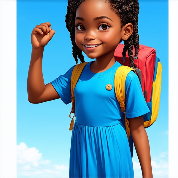 Jeune fille africaine de 8 ans habillée en robe bleue portant des tresses africaines élaborées et un sourire joyeux, debout fièrement avec un cartable coloré sur le dos devant une école primaire, sous un ciel bleu clair d'après-midi.