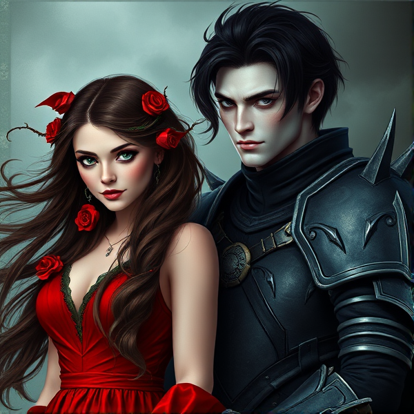 A woman with long flowing dark brown hair, green eyes, wearing a red dress with roses and thorns in her hair and thorns that snake around her arms. Standing beside her is a man, much taller than her, with short black flowing hair that curls at the ends. He has black eyes and a pale face. He wears black and silver armor with long points on the ends. They are in love