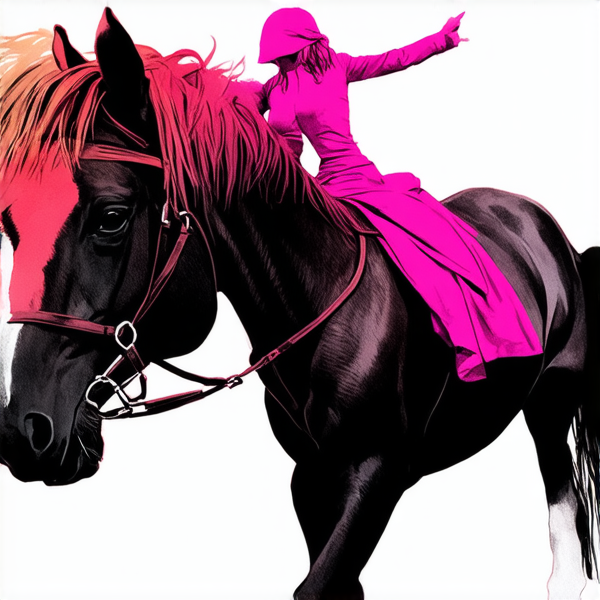 Aquarelle dynamique et détaillée : Femme avec des cheveux rose fuchsia ombrés en blond platine à la racine, tressés soigneusement. Elle monte un cheval au galop. La cavalière est vêtue d'un jean bien ajusté et affiche une posture élégante sur le cheval. L'arrière-plan est flou pour donner l'impression de mouvement rapide, mais la femme et le cheval sont peints avec précision et clarté.