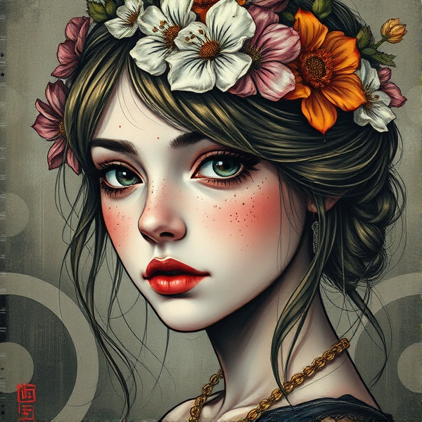 une belle fille aux cheveux fleuris, centrée, avec des cerisiers en fleurs, un style gothique, une peinture acrylique haute en couleurs, un visage hautement détaillé, de l'art de Banksy, Carne Griffiths et Agnes Cecile, sombre et vibrant, tendance sur Artstation, HD, 4K, 8K, résolution extrêmement élevée