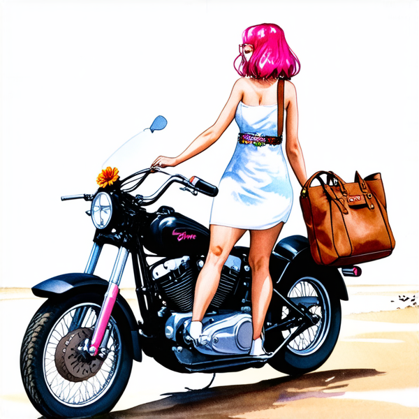 Aquarelle : Femme avec des cheveux rose fuchsia sur une harley noir roule sur le plage. elle porte une robe blanche à grosse fleur rose layette et un sac à main en cuir marron lanière rose et bleu et vert porté en bandoulière